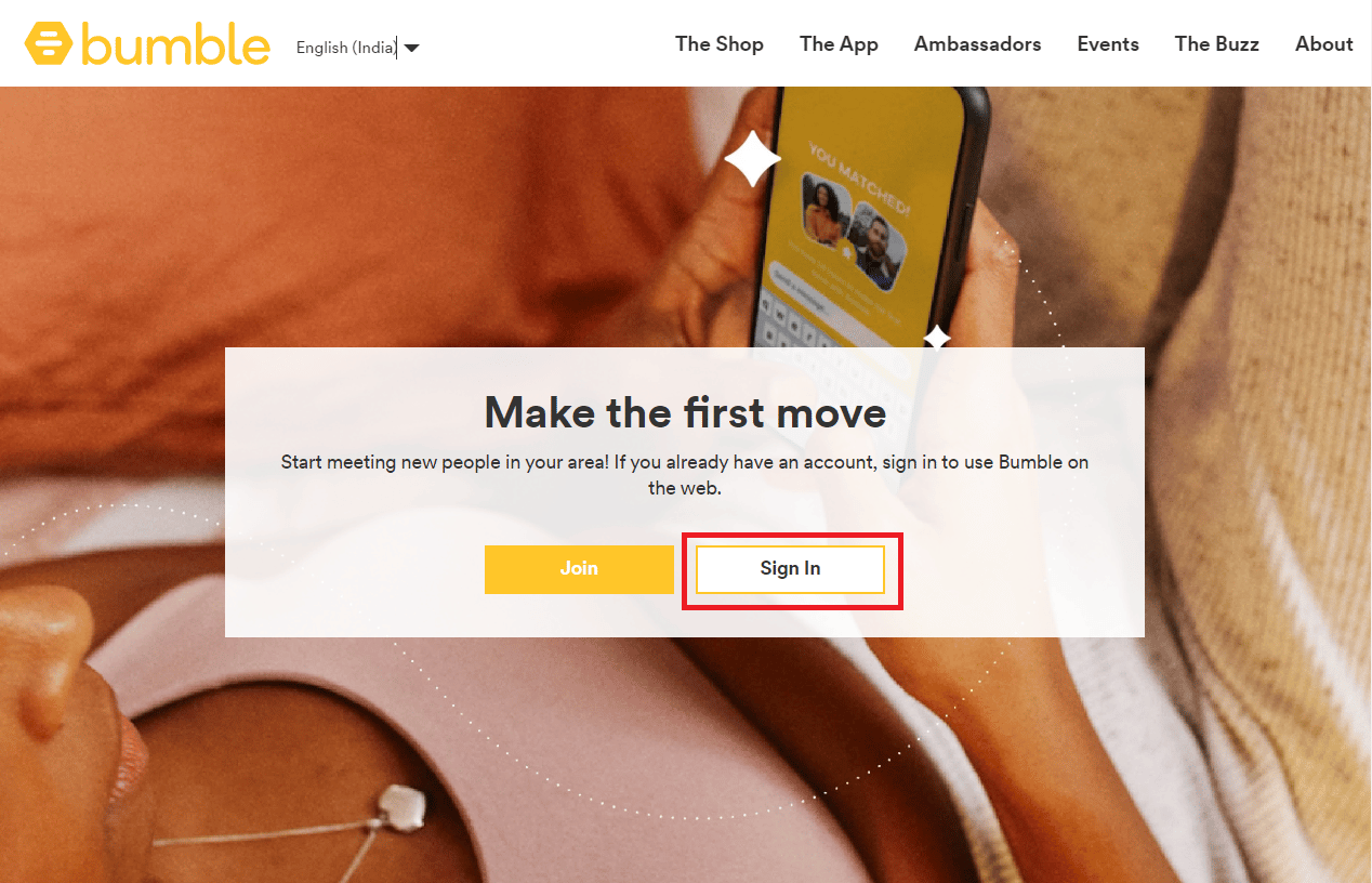 Bumble Official site homepage. Click on Sign In | How to Delete Prompts on Bumble