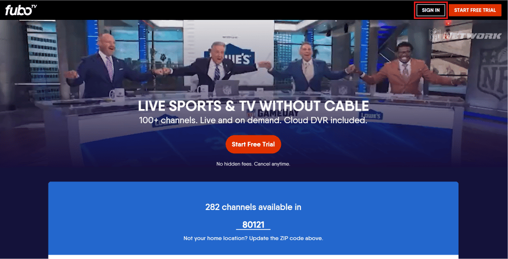 Click on SIGN IN at the top-right of the screen. | Can You Cancel FUBO and Get a Refund?