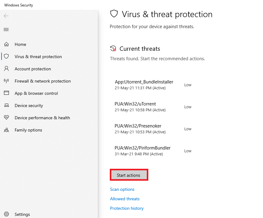 Click on Start Actions under Current threats.