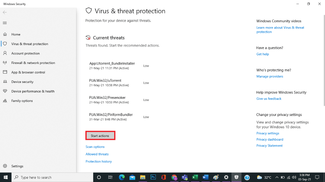 Click on Start Actions under Current threats.