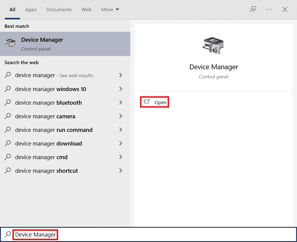 Click on Start and type Device Manager. Click on Open. Fix Zoom is Unable to Detect a Camera