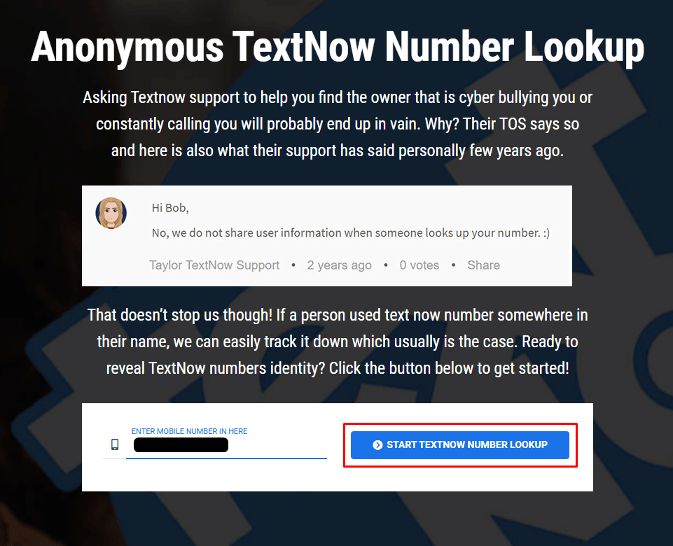 Click on Start TextNow Number Lookup.