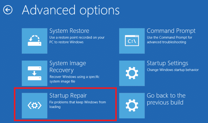 Haga clic en Reparación de inicio. Reparar el error de excepción de verificación de la máquina en Windows