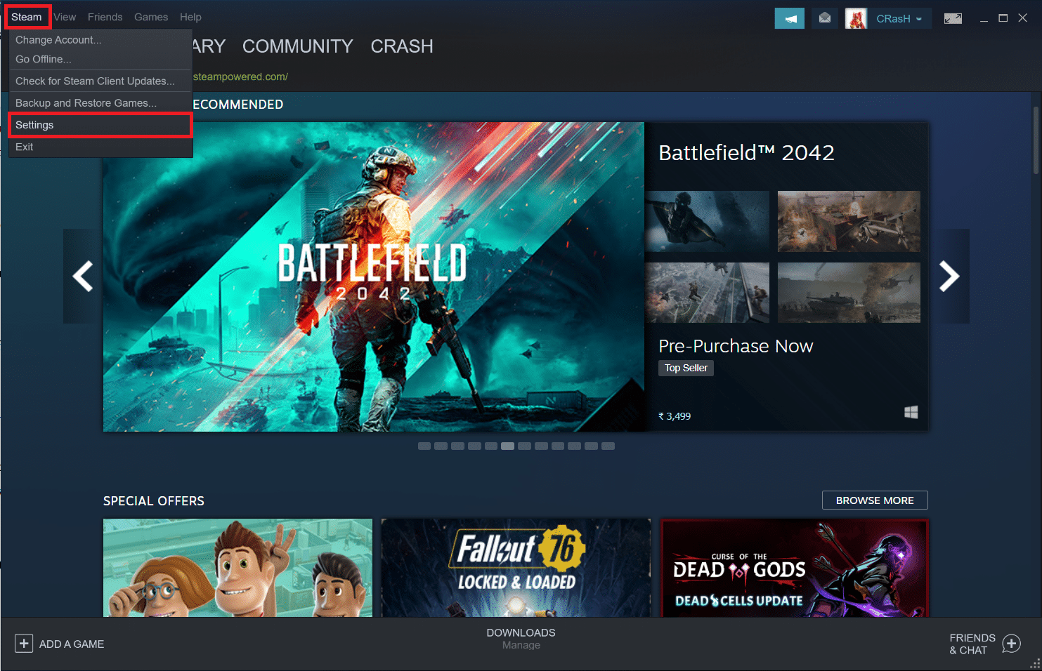 Click on Steam at the top left corner and click Settings from the drop down menu.