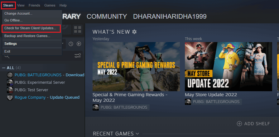 click on Steam followed by Check for Steam Client Updates…