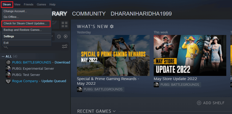 click on Steam followed by Check for Steam Client Updates… 