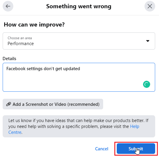 click on Submit. Fix Unable to save changes on FB Issue