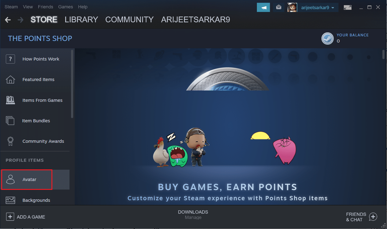 click on the Avatar option in the Points Shop menu at Steam app