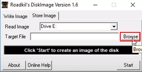 click on the Browser option from the Target File field to select the desired location