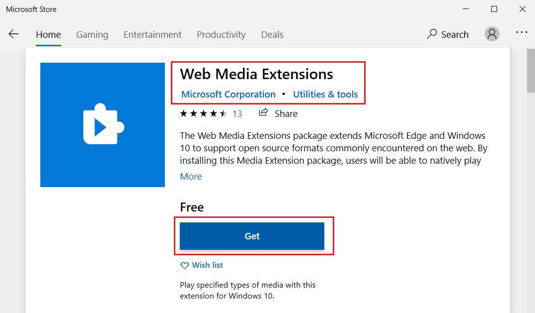 click on the Get button for Web media extensions in Microsoft Store