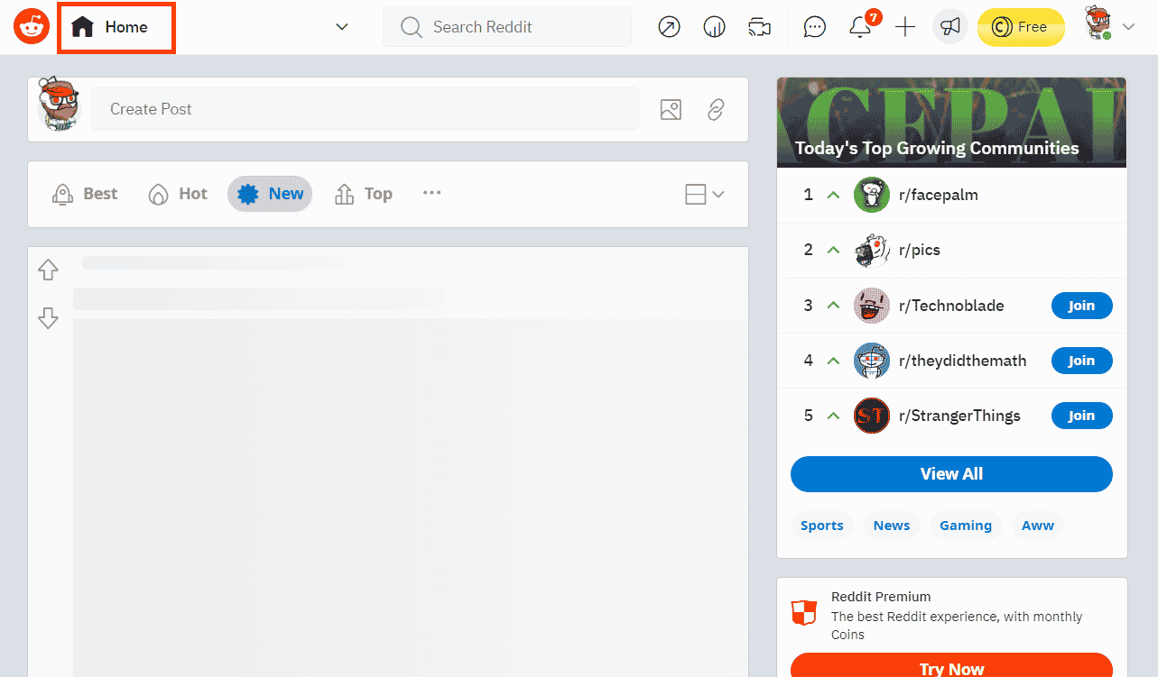 kattintson a Kezdőlap ikonra a bal felső sarokban | Hogyan törölheti az üzeneteket a Reddit alkalmazásban