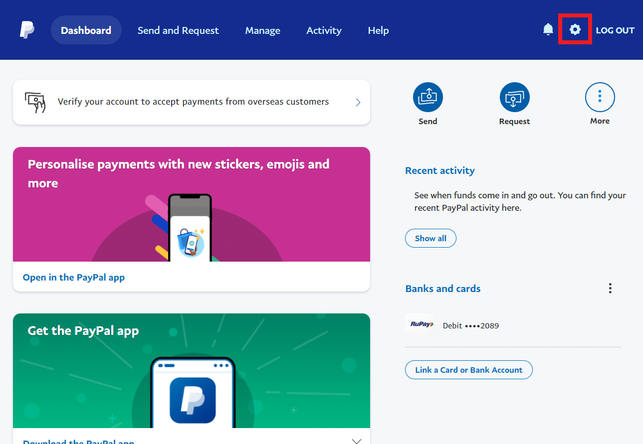click on the Settings gear icon from the top right corner | How to Delete a PayPal Business Account