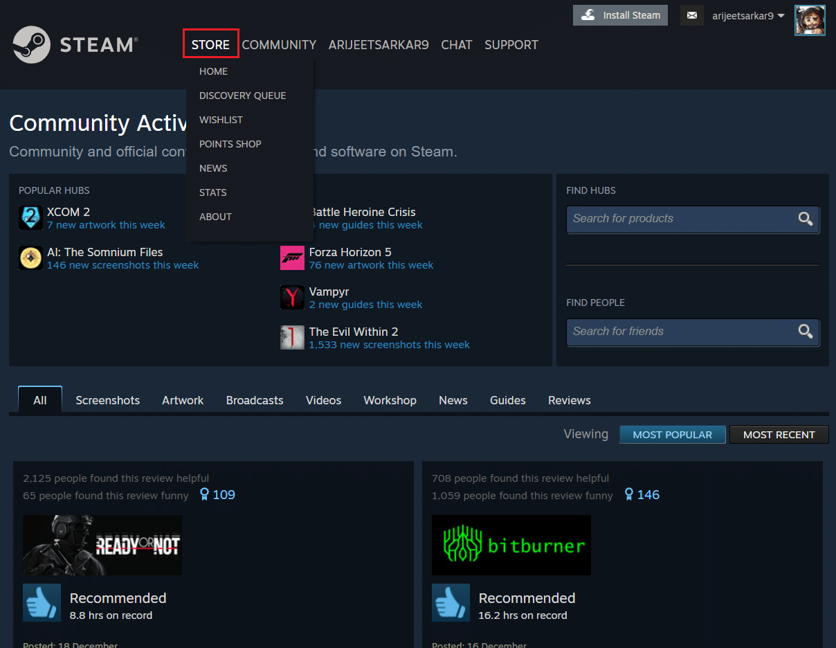 click on the Store menu in Steam homepage on browser