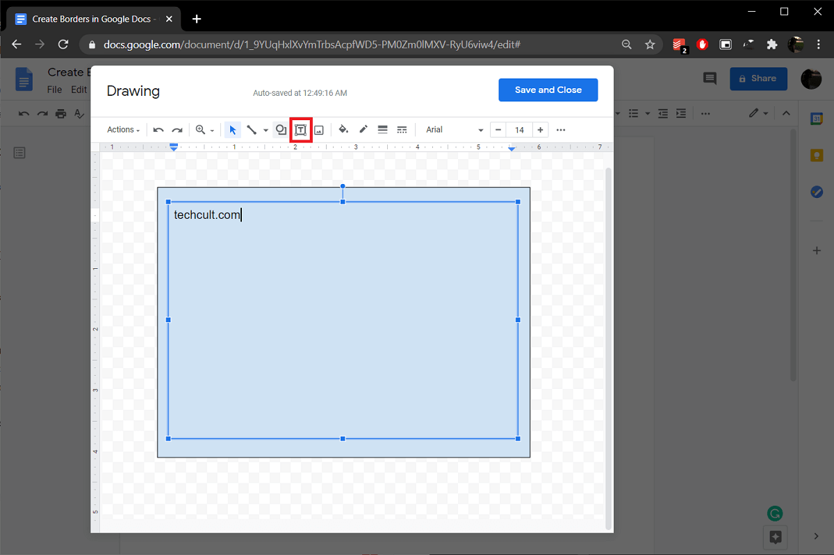 click on the Text icon and create a text box inside the drawing. | How To Create Borders In Google Docs?