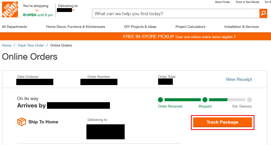 click on the Track Package option next to the order to know the tracking history of your order on Home Depot