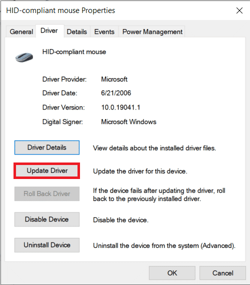 click on the Update Driver option.
