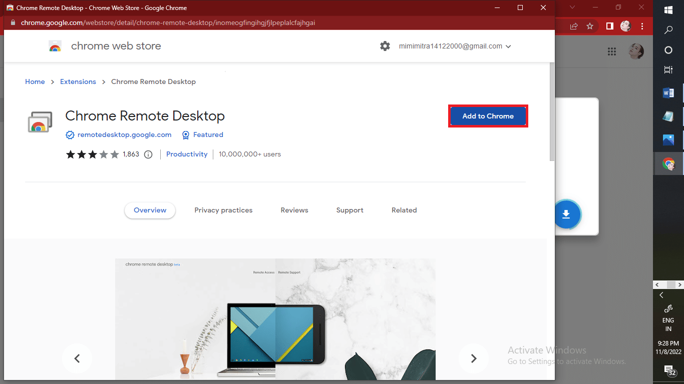 Click on the Add to Chrome button to start the process of downloading the Google Chrome remote access desktop extension to your computer. | | connect to a remote network