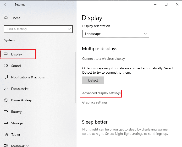 click on the Advanced display settings option in the Multiple displays section