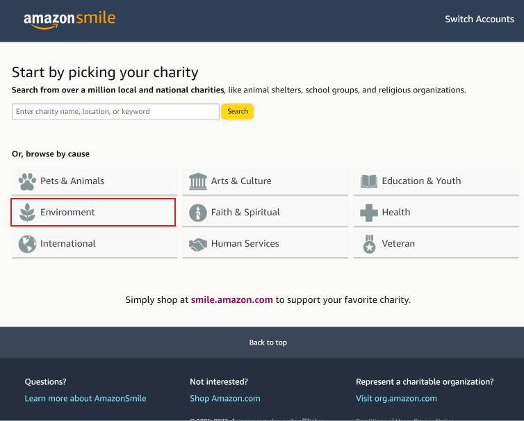 Click on the any one category to select from the categories available | How to Login to Your Amazon Smile Account