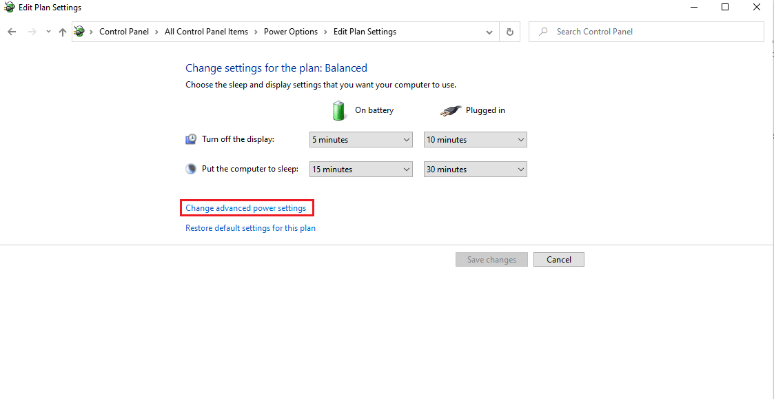 Click on the Change advanced power settings