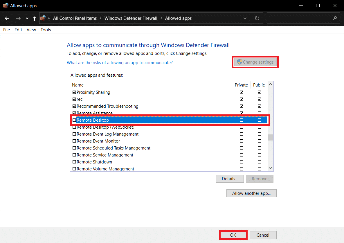 Click on the Change Settings button then check the box next to Remote Desktop | How to Fix ARK Unable to query server info for invite Error