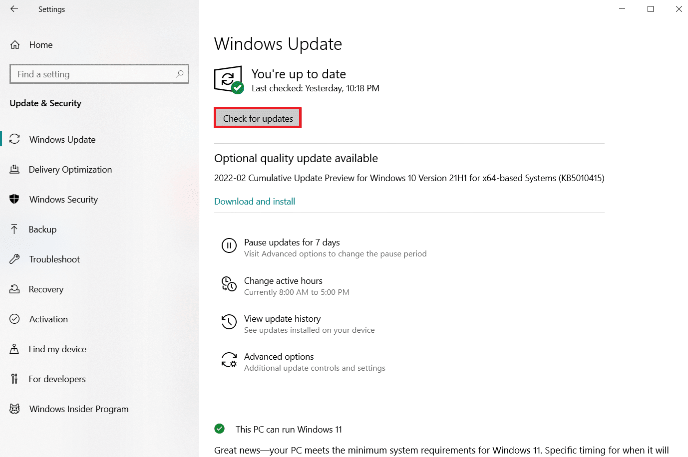 Click on the Check for updates button under the Update status