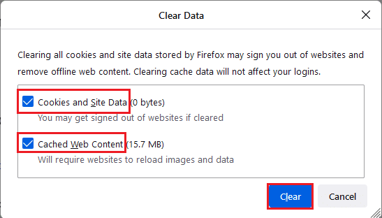 click on the Clear button to clear the cache files. Fix Firefox PR END OF FILE ERROR in Windows 10