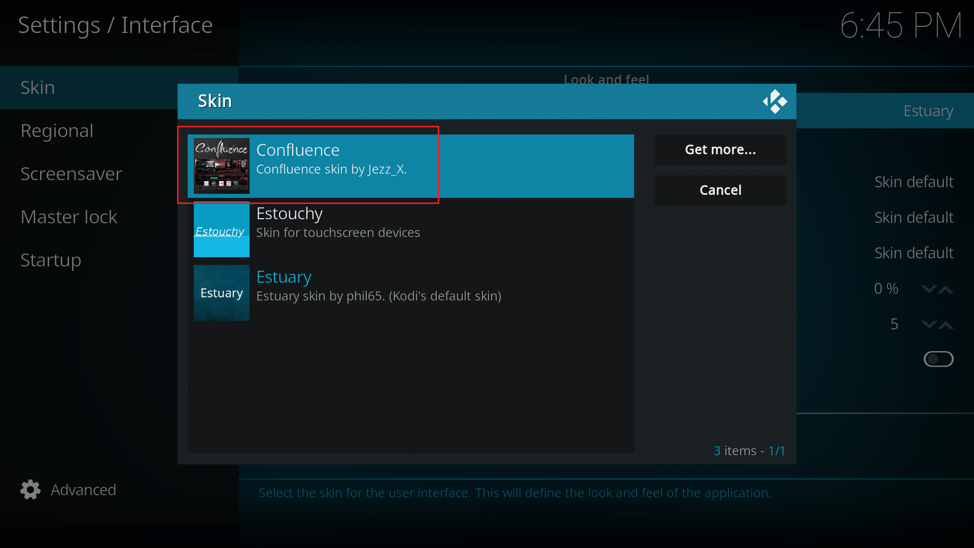 click on the confluence skin to activate it in Kodi app
