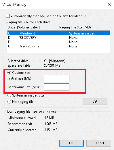 Click on the Custom size radio button and type the Initial size MB and Maximum size MB. Fix Windows 10 Start Menu Search Not Working
