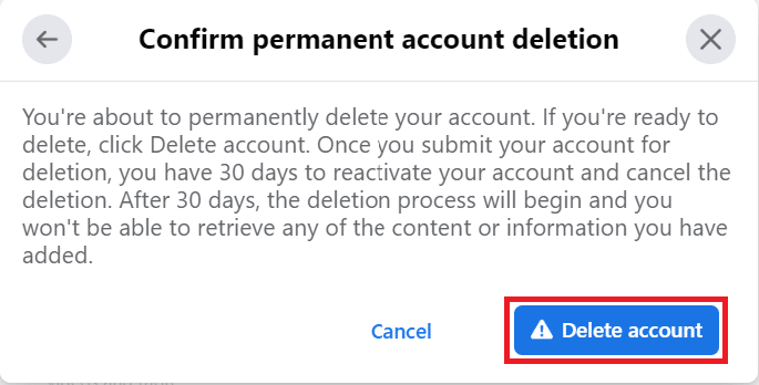 click on the Delete account in the pop-up | delete old Facebook account without password or email