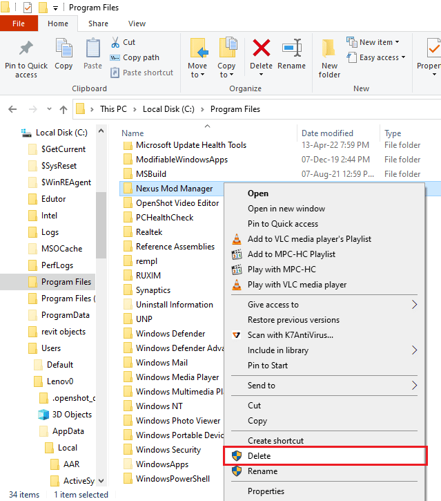 click on the Delete option. Fix Nexus Mod Manager a Problem Occurred During Install