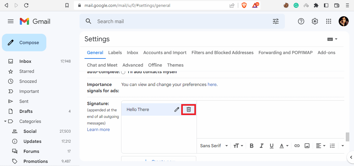 Click on the Delete signature icon, and then Delete it | Gmail signature images not displaying