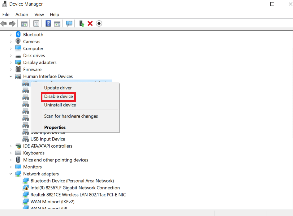 click on the Disable device option in the list