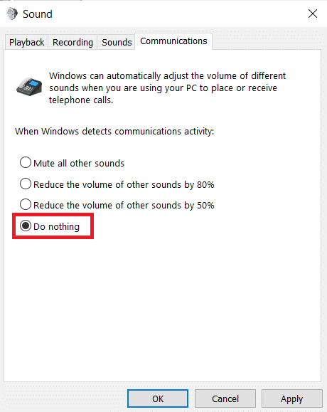 Click on the Do nothing option to enable it.