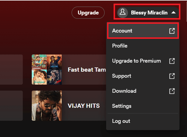 Click on the down arrow next to your name and select Account