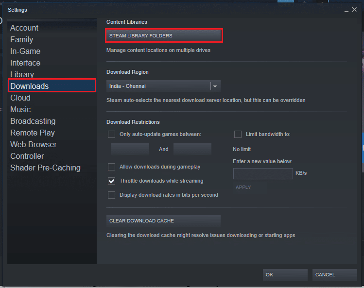 click on the Downloads tab on the left pane of the window and click on the STEAM LIBRARY FOLDERS button