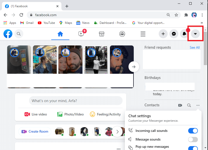click on the downward arrow icon at the top right corner of the screen.  | Fix There Are No More Posts To Show Right Now On Facebook