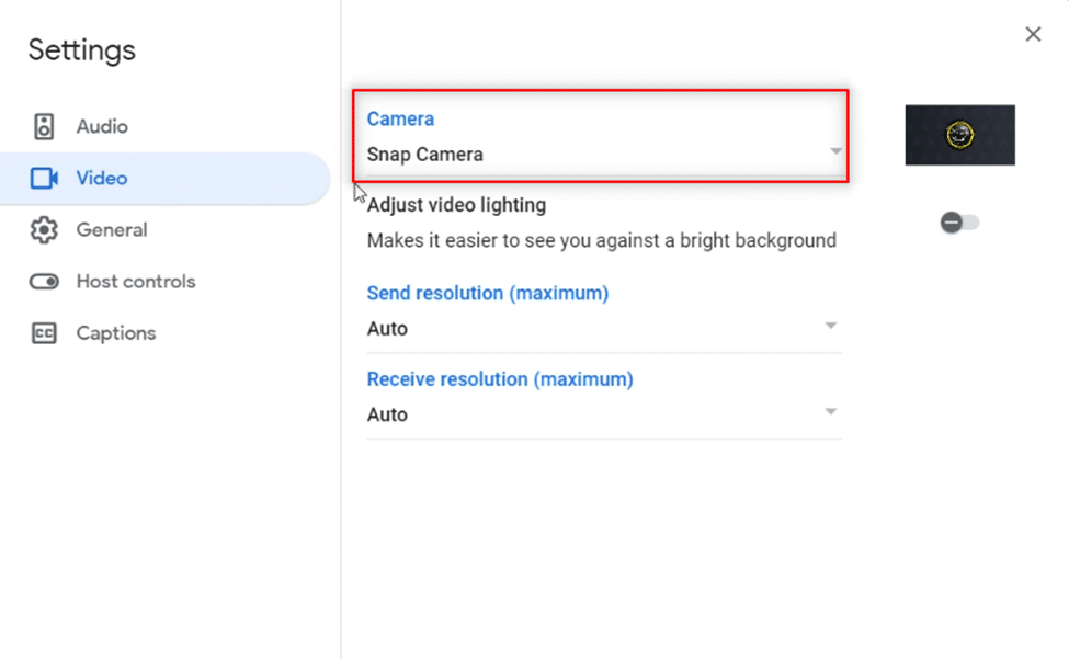 click on the drop down menu under Camera setting. How to Use Snap Camera on Google Meet