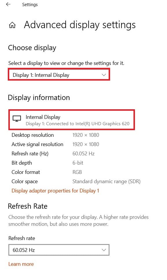 Click on the drop-down menu under Choose display to find the name of any other monitor connected to the computer.
