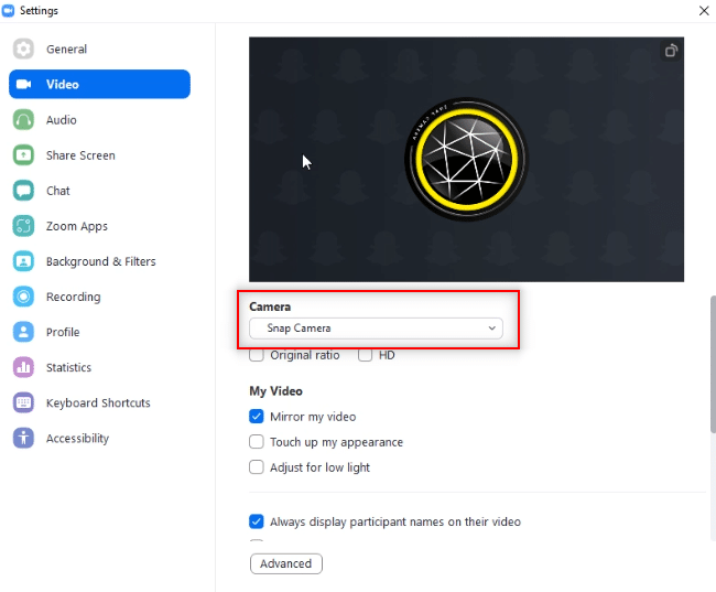 Click on the drop down menu under the option Camera 