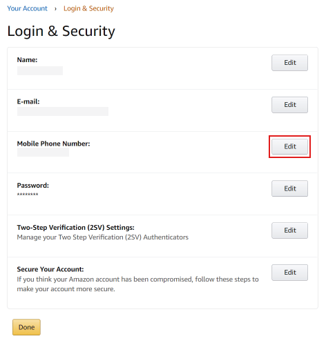 Click on the Edit button beside Mobile Phone Number | log into Amazon if you change your phone number | bypass Amazon OTP verification