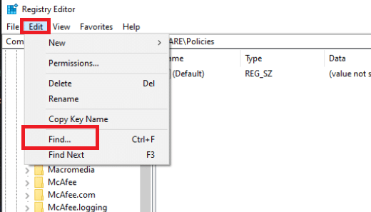 Click on the Edit menu in the registry editor