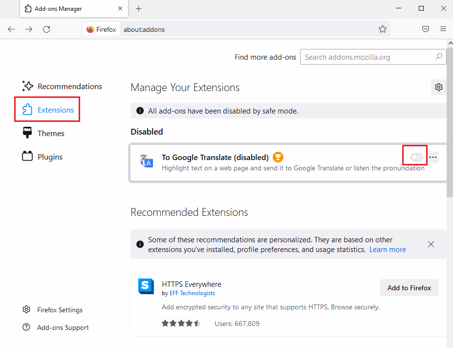 Click on the Extensions tab on the left pane of the next window and toggle off the add ons. Fix Mozilla Firefox Couldn’t Load XPCOM Error on Windows 10