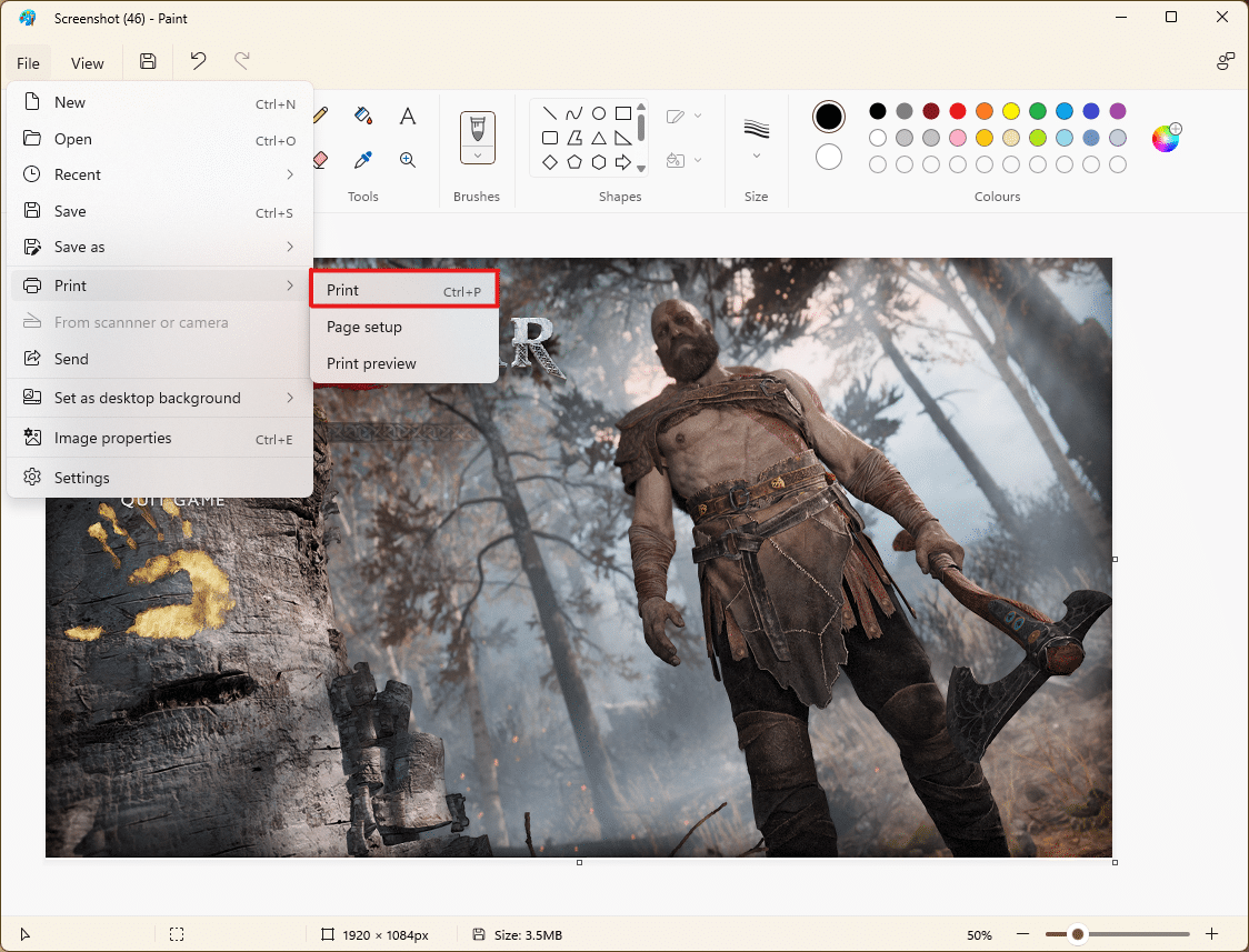 Now, select the Print option from the Print menu list options. | how to print large images on multiple pages Windows 11