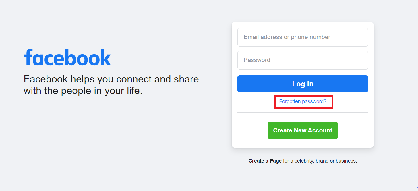 Klicken Sie auf „Passwort vergessen?“ Option | Altes Facebook-Konto ohne Passwort oder E-Mail löschen