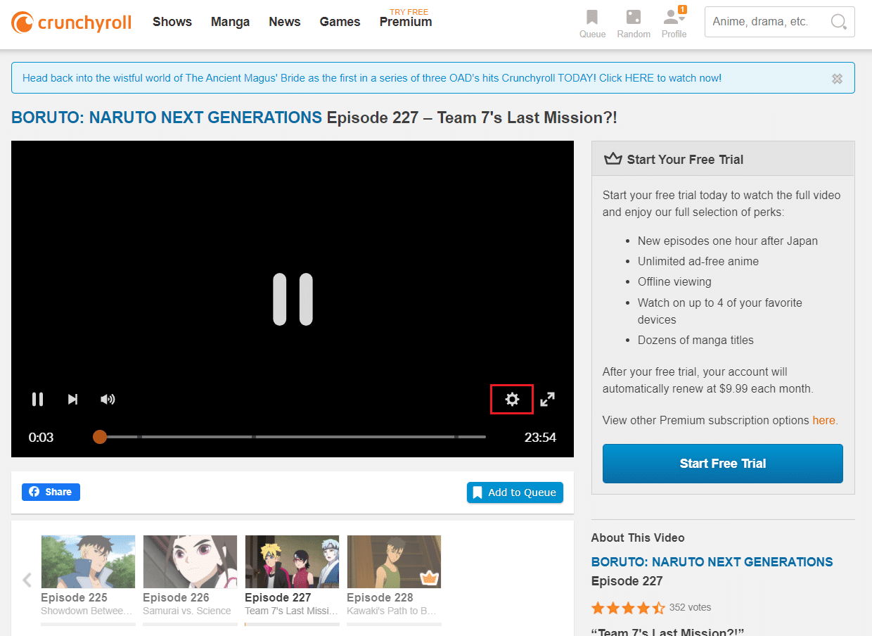 click on the gear icon to open Settings in the video in the Crunchyroll webpage. How to Fix Crunchyroll Not Working