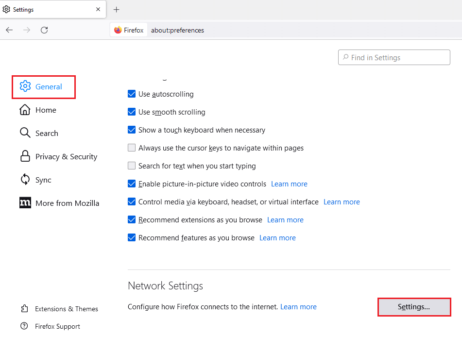 Click on the General tab in the left pane of the window and click on the Settings button in the Network Settings section