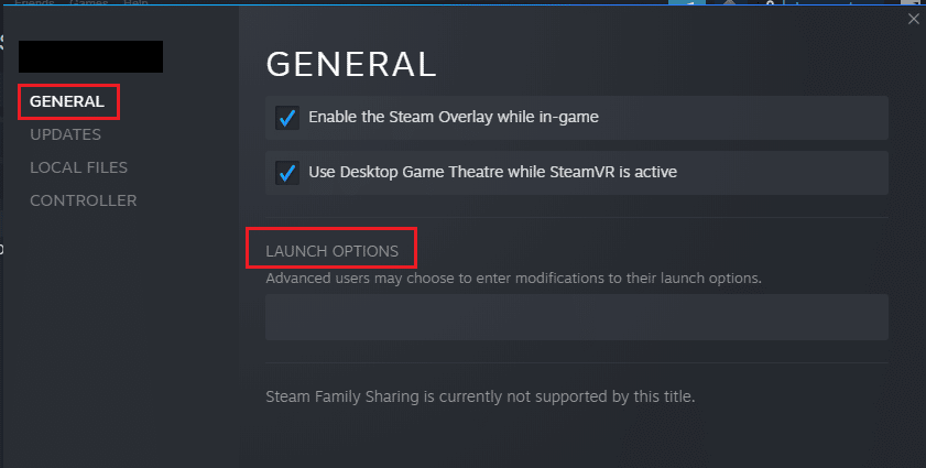Click on the GENERAL tab on the left pane of the window and select the Set Launch Options