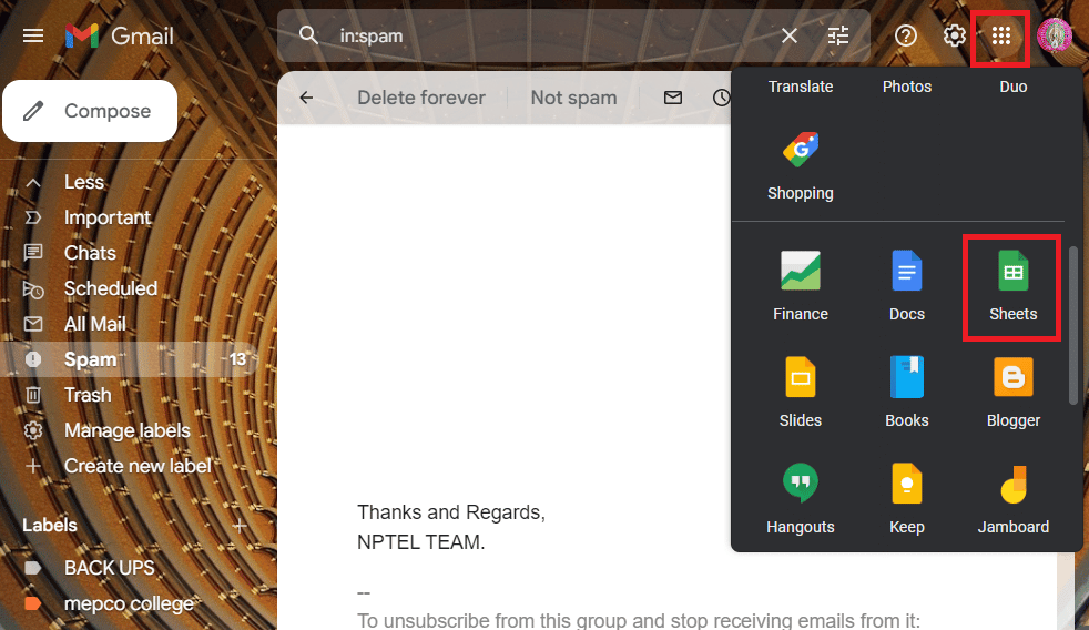 Click on the Google Apps icon and click on the Sheets option