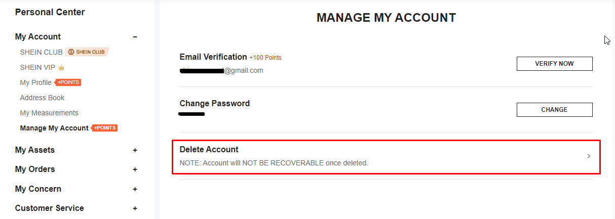 Manage My Account menu. How to Delete SHEIN Account